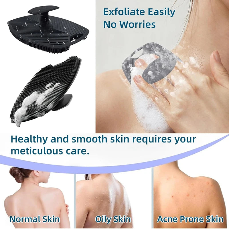 A soft silicone body scrubber is shown exfoliating skin with foam, demonstrating its use for healthy and smooth skin care.