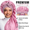 A woman models a pink satin silk hair bonnet cap, highlighting its elastic band design and protective features.
