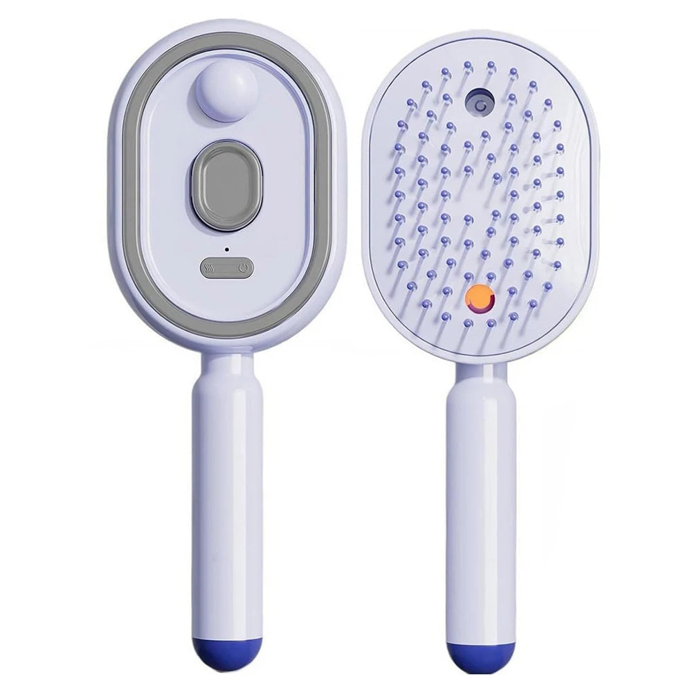 A white rechargeable electric spray hair brush with a light gray handle and bristles.