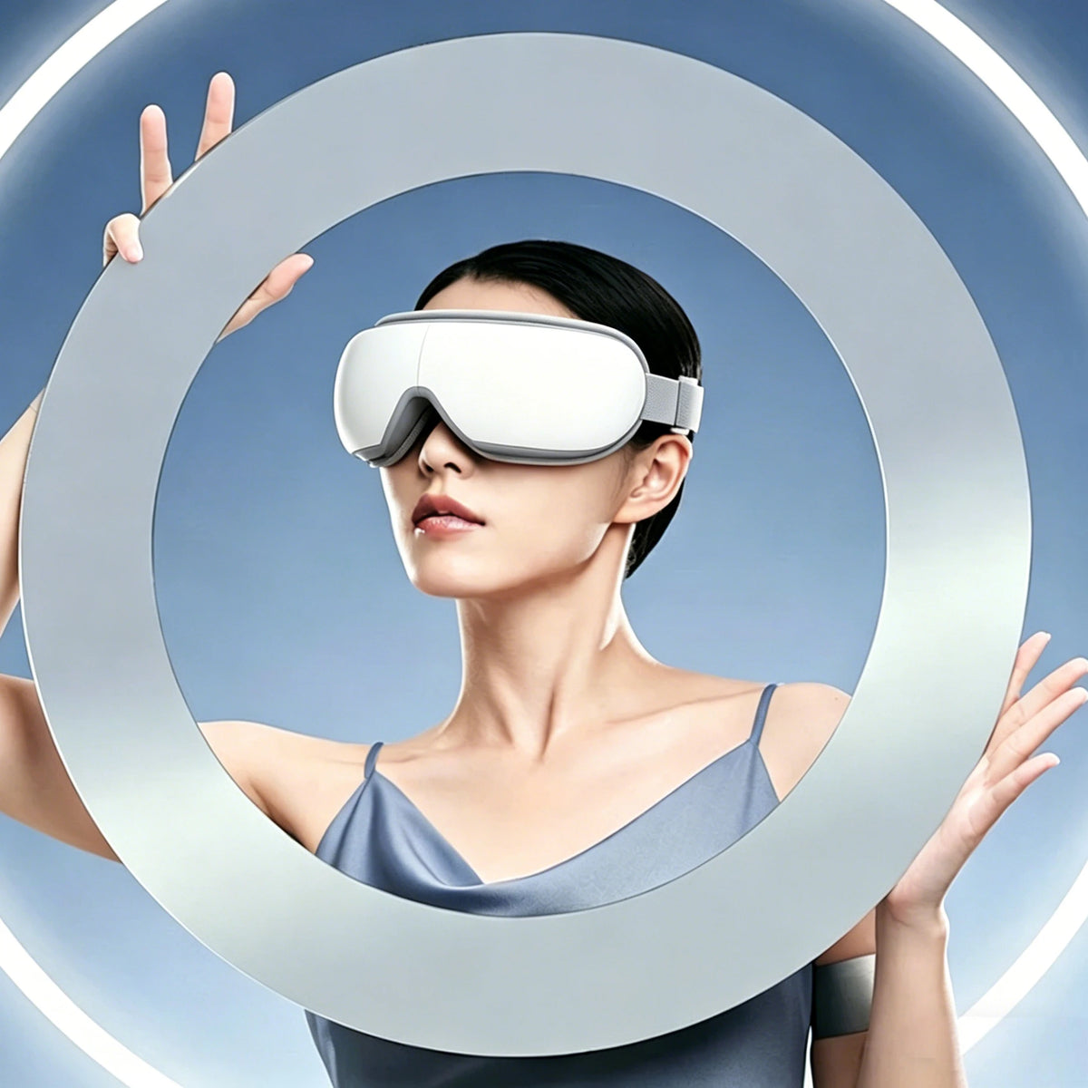 A woman wearing a white heated eye massager is centered within a glowing circular frame.