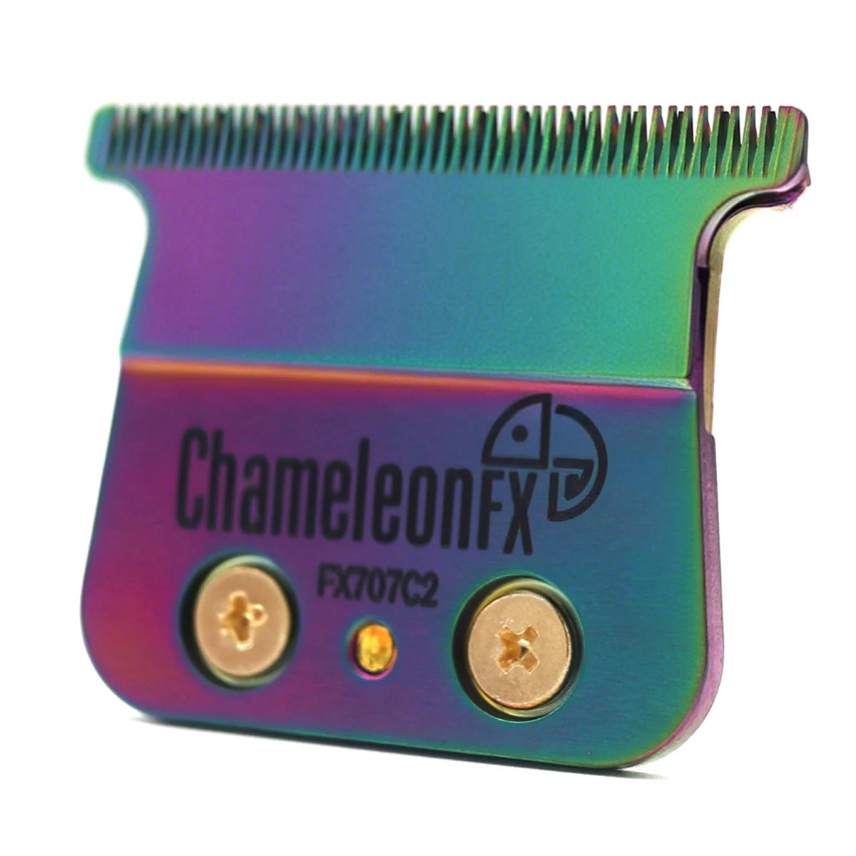 A close-up of a ChameleonFX FX707C2 barber trim knife featuring a purple and green iridescent finish.