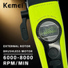 A close-up of a bright lime green professional cordless hair clipper featuring a brushless DC motor and power buttons.