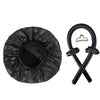 Black satin sleep cap and hair curler set with a claw clip and rings