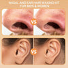 Comparison image showing a nasal and ear hair waxing kit for men and women, comparing results on the nose and ear.