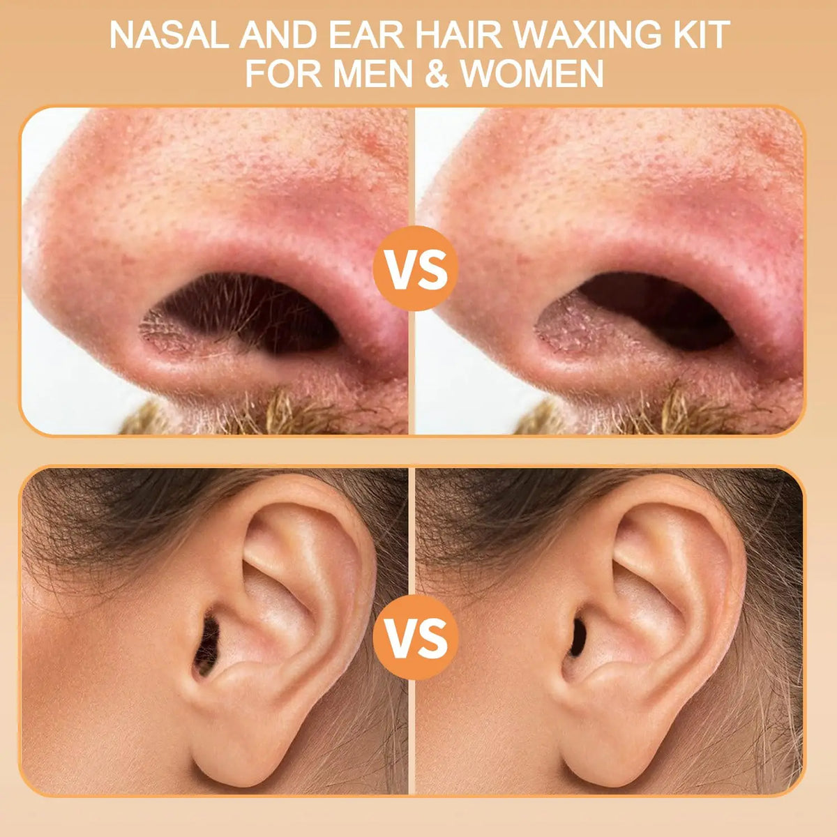 Comparison image showing a nasal and ear hair waxing kit for men and women, comparing results on the nose and ear.
