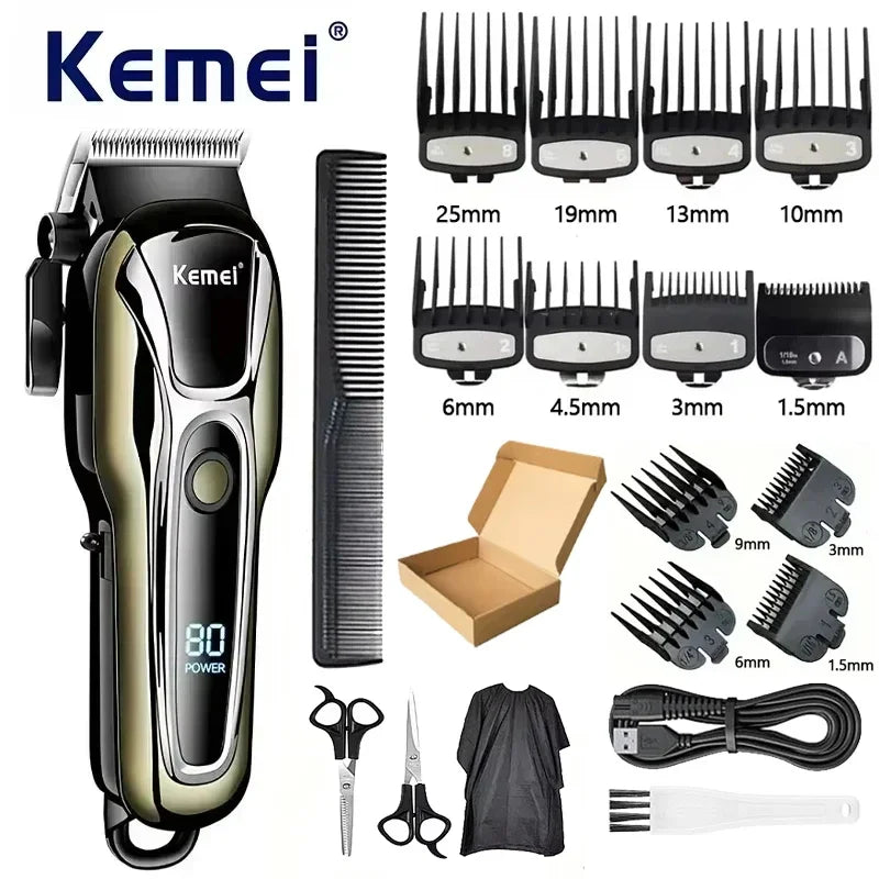 A collection of Kemei professional cordless hair trimmers, including various guard sizes and accessories.