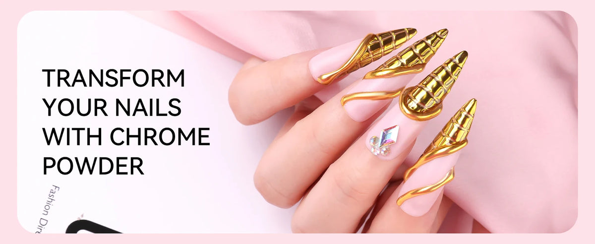 A hand displays several gold chrome powder nails with builder gel extensions and 3D nail art.