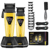 A yellow and black professional electric hair trimmer with attachments and charging cable.