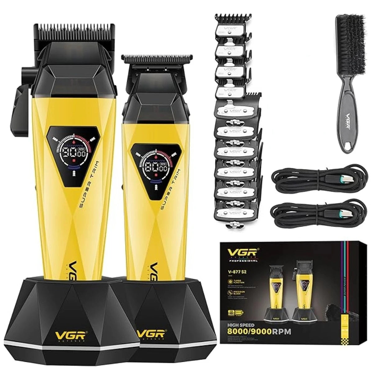 A yellow and black professional electric hair trimmer with attachments and charging cable.