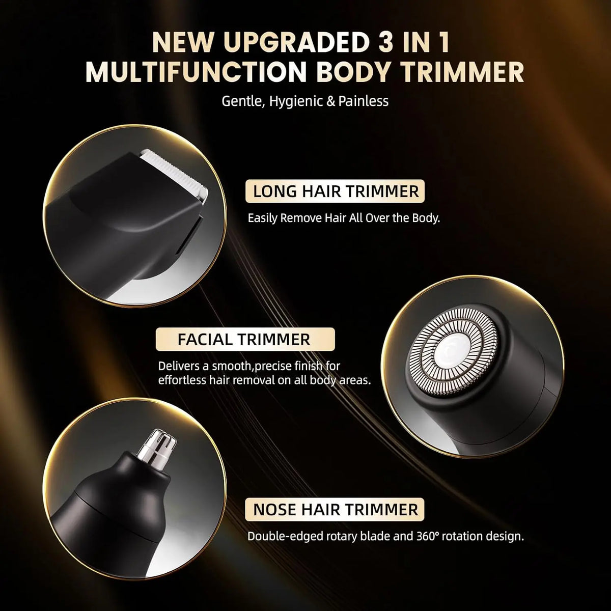 A close-up view of a black 3-in-1 multifunction body trimmer showing its long hair, facial, and nose trimming components.
