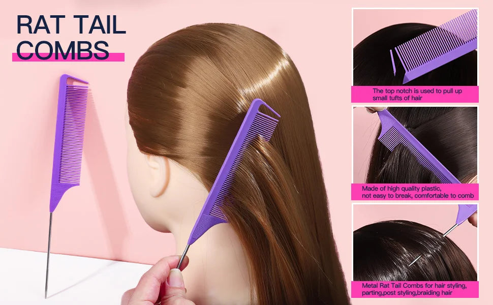 Un peigne à queue de rat violet utilisé pour coiffer les longs cheveux bruns.