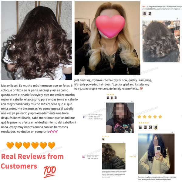 A woman is shown using a pink hair styling tool to curl her hair.