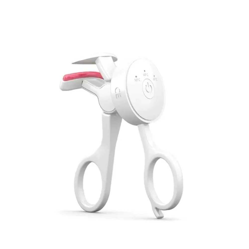 A white frameless heated eyelash curler with a handle and temperature control switch.