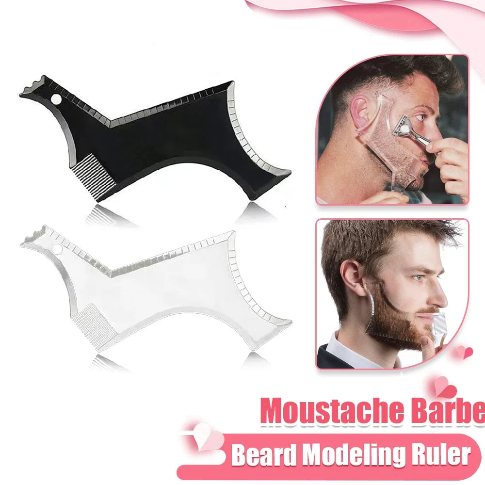 A set of professional beard modeling rulers and styling combs used for shaping and styling beards.
