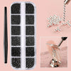 A clear plastic case filled with black and silver beads for nail art decorations, shown alongside a finished manicure.