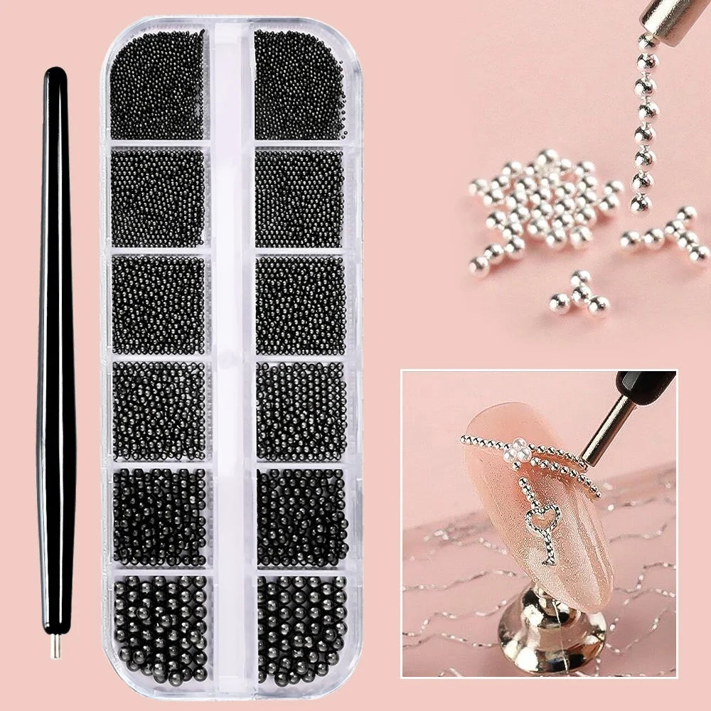 A clear plastic case filled with black and silver beads for nail art decorations, shown alongside a finished manicure.