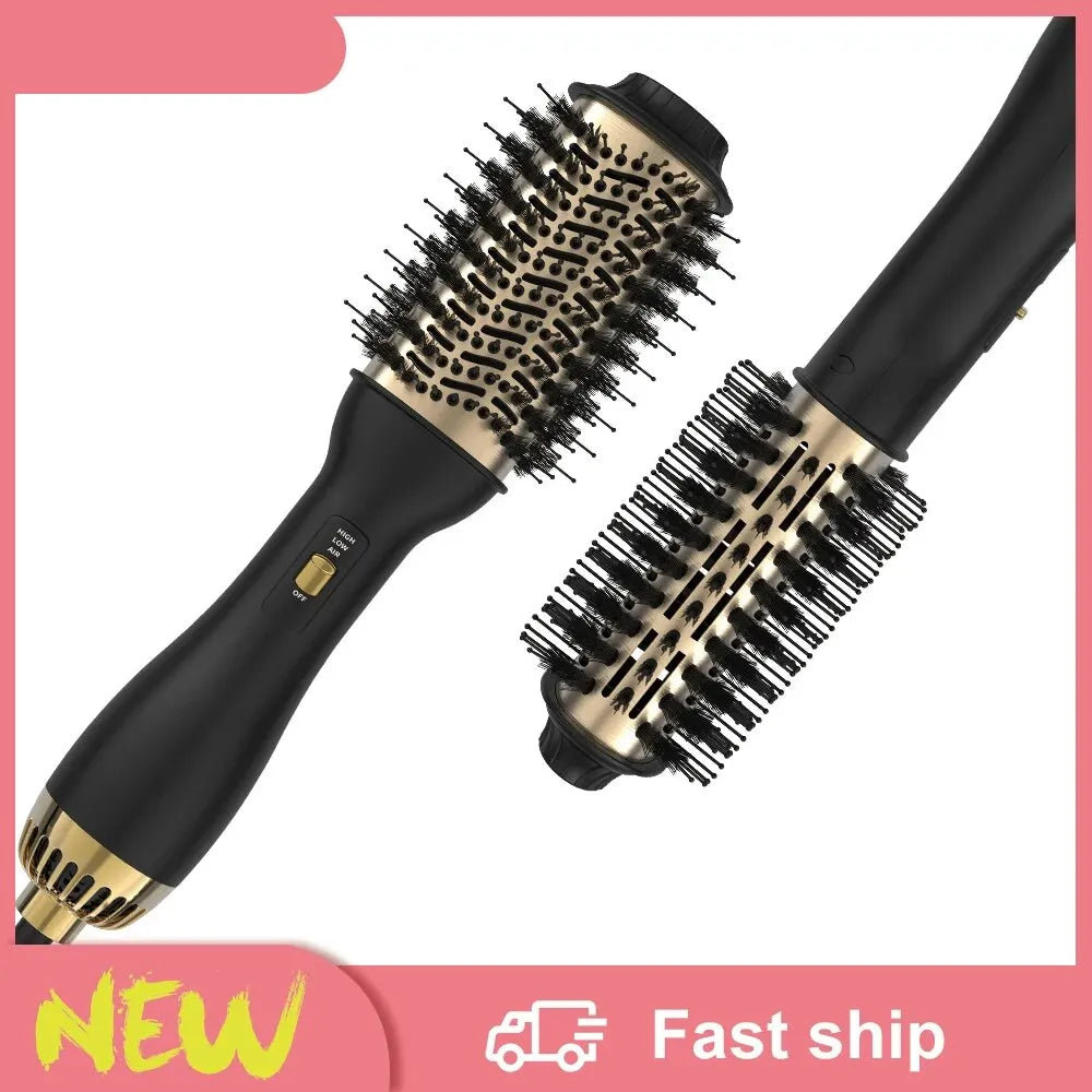 A black professional hair blow dryer brush and volumizer with gold accents shown against a white background.