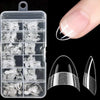 Clear plastic container holding 12 sizes of half cover almond press-on fake nails