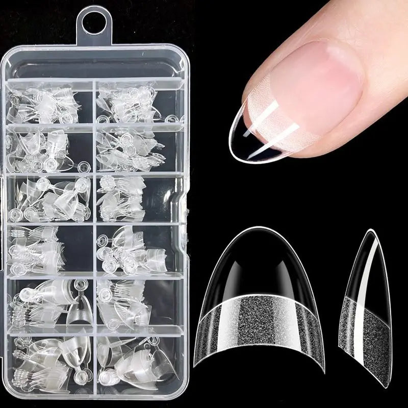 Clear plastic container holding 12 sizes of half cover almond press-on fake nails