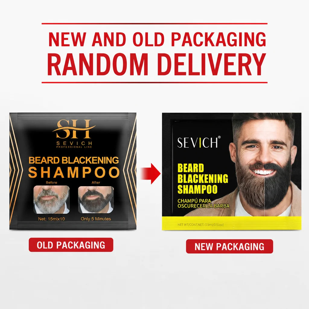 Comparison image showing old and new packaging for Sevich beard blackening shampoo
