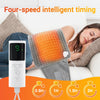 A woman is using a white electric heating pad on her back, demonstrating four-speed intelligent timing features.