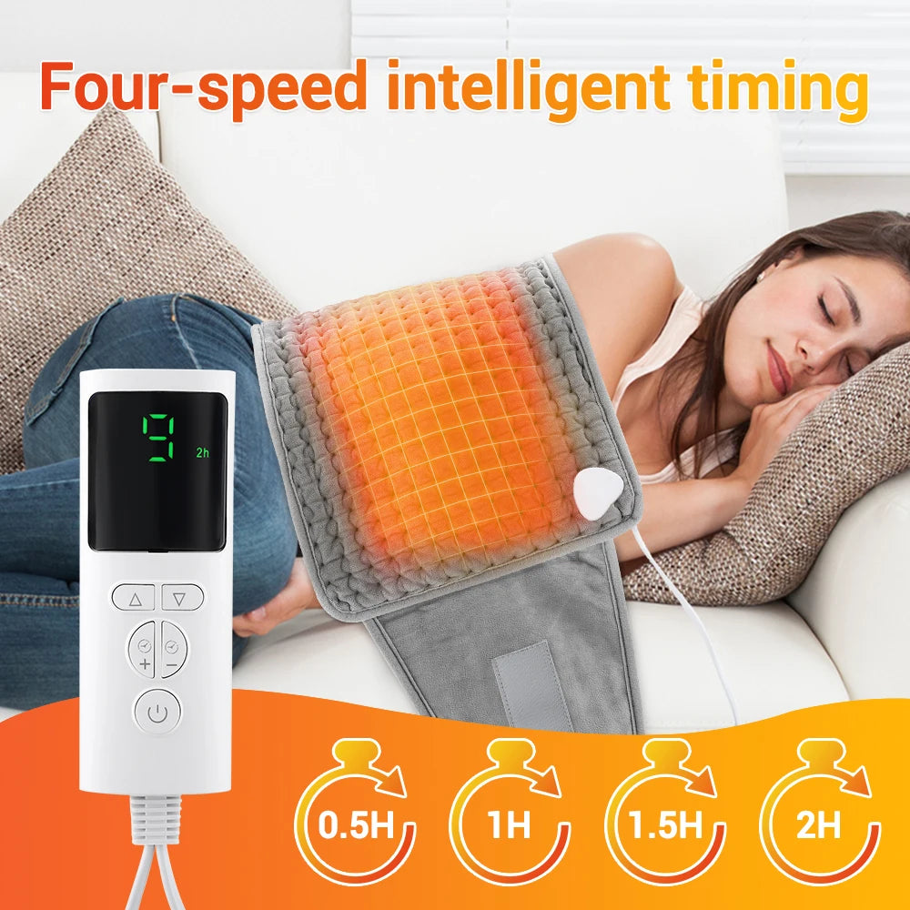 A woman is using a white electric heating pad on her back, demonstrating four-speed intelligent timing features.