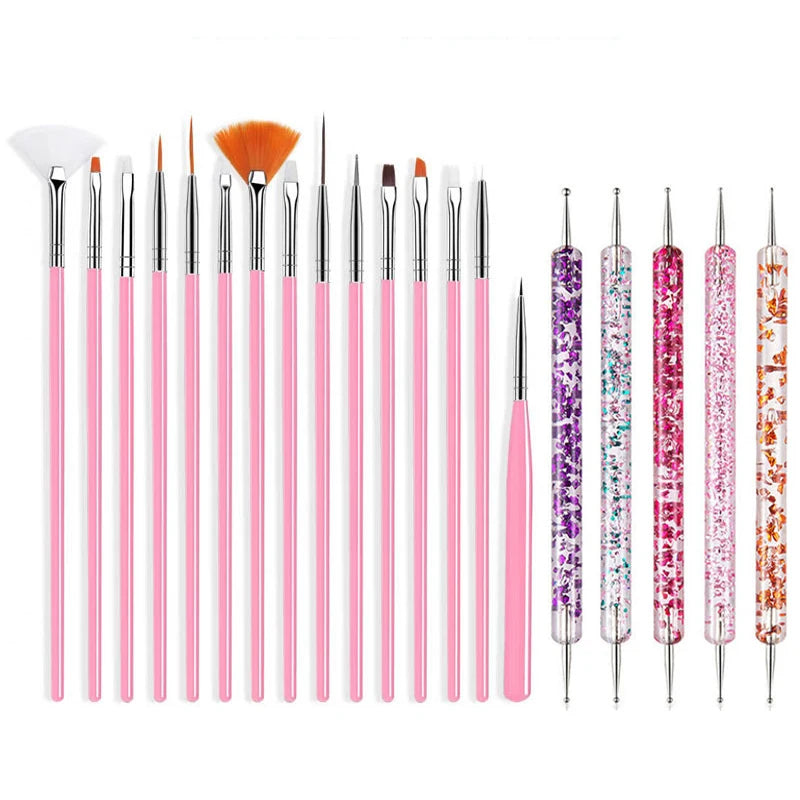 A collection of precision nail art brushes in various colors and shapes for gel and acrylic polish.