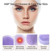 A woman's face shows a 360 degree smart cleanse with dotted lines indicating massage areas for stubborn stains, firming, and 