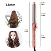 A pink professional ceramic hair curling iron with various barrel sizes and attachments shown next to models.