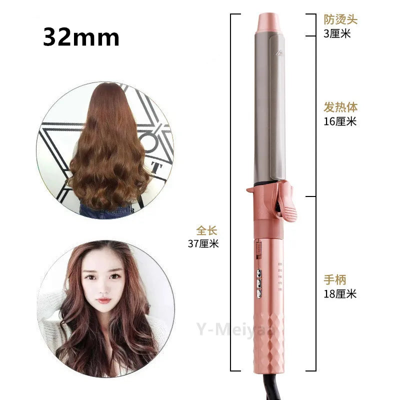 A pink professional ceramic hair curling iron with various barrel sizes and attachments shown next to models.