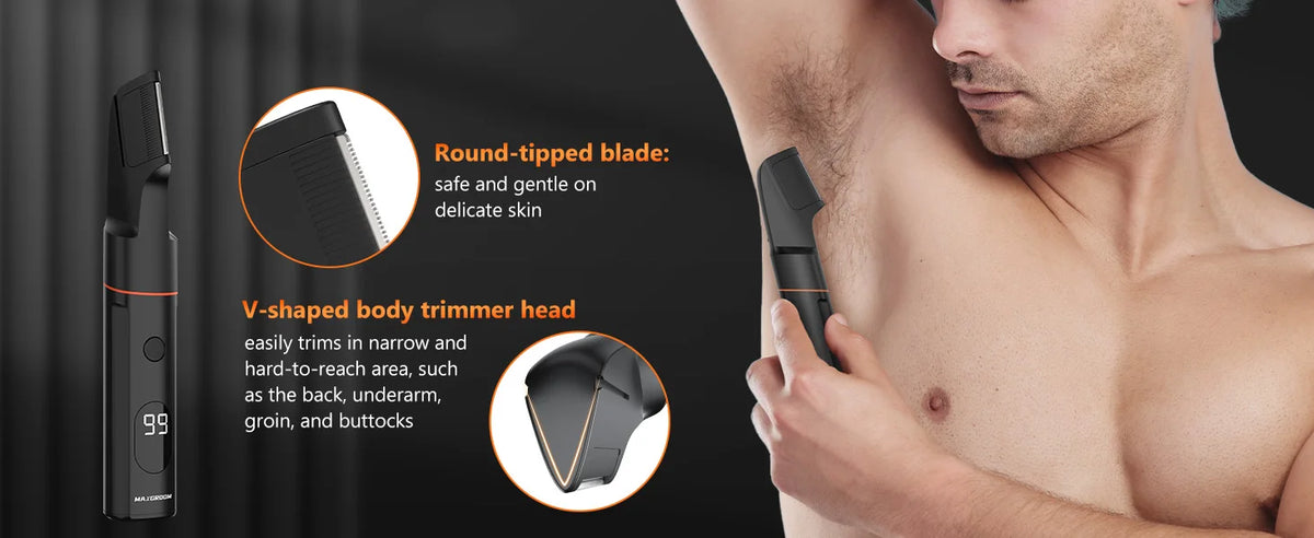 A close-up of a black body hair trimmer with round-tipped blades and a V-shaped head being used on a man's chest.