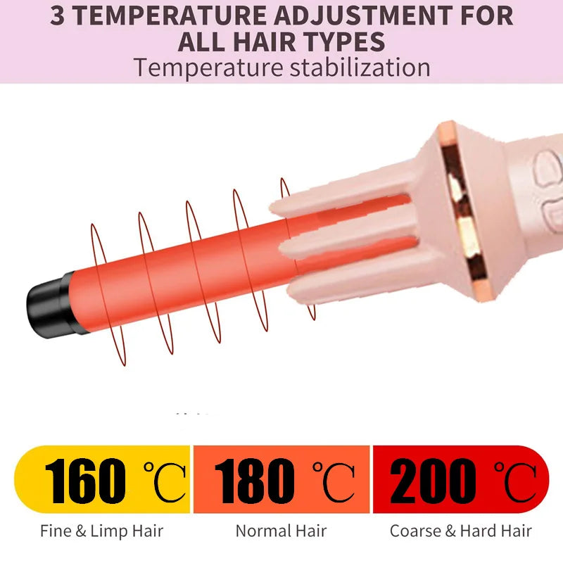 A pink and black automatic ceramic curling iron with temperature settings for different hair types.