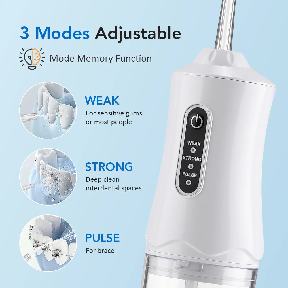 White mini cordless water flosser oral irrigator with adjustable weak strong and pulse modes