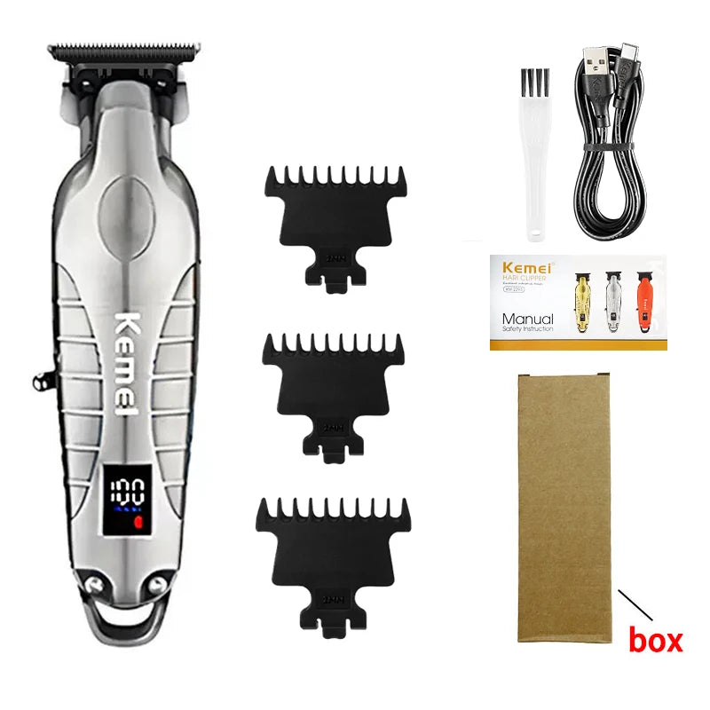 A silver professional electric hair clipper trimmer with various interchangeable cutting combs and accessories.