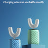 A white electric toothbrush with a green body is displayed on blue pedestals, highlighting its endurance features.