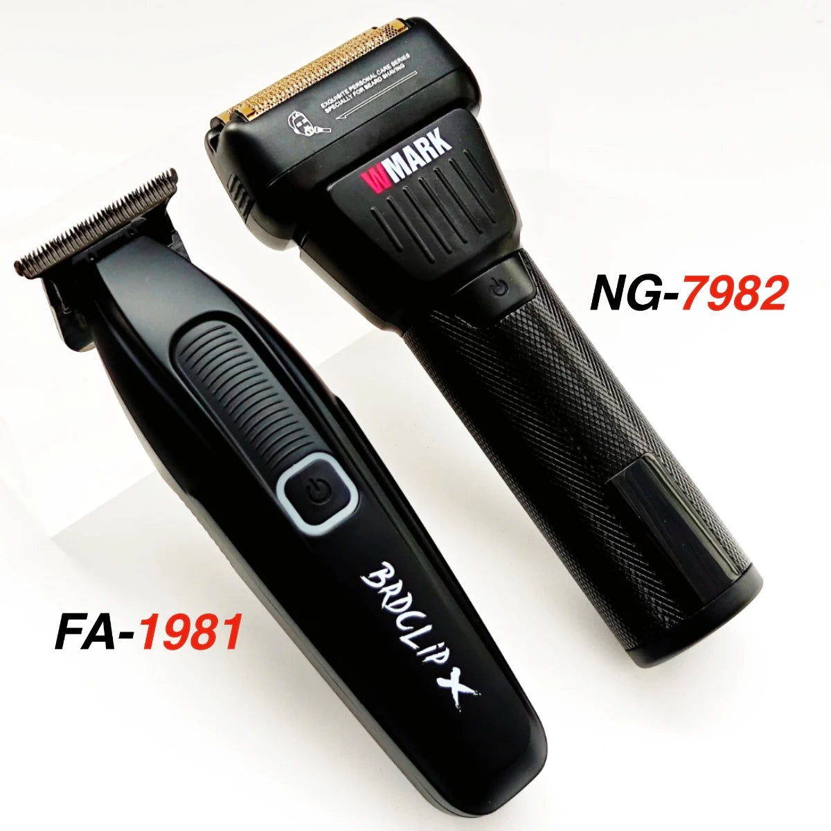 A black electric hair clipper trimmer marked NG-7982 and FA-1981 are shown against a white background.