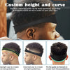 A black hair trimming guide is shown being worn on a person's forehead to create straight or curved guidelines for haircuts.