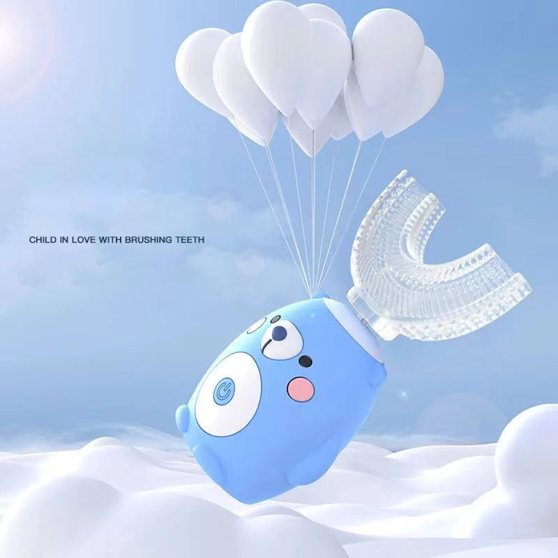 A blue electric toothbrush for kids is shown floating among white clouds and balloons against a light blue sky.