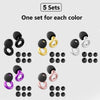Five sets of reusable high-fidelity ear plugs in various colors displayed on a gray background.