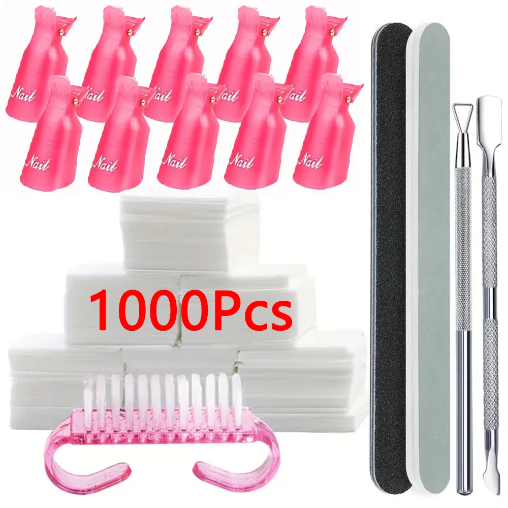 A set of pink reusable nail soak-off caps and tools for gentle gel polish removal, including silicone caps and metal tools.