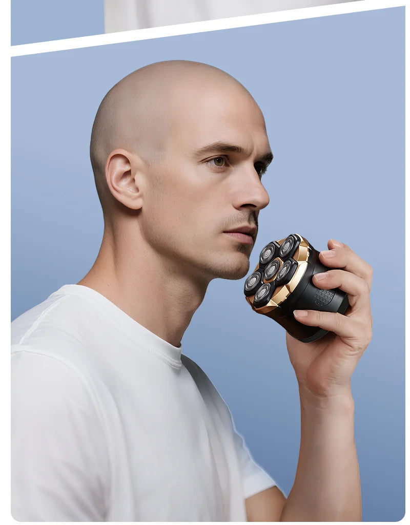 A man holding an electric rechargeable hair trimmer for facial and body grooming.