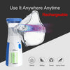 A clear, rechargeable portable nebulizer device shown next to icons indicating use in home, sitting, travel, and lying down.