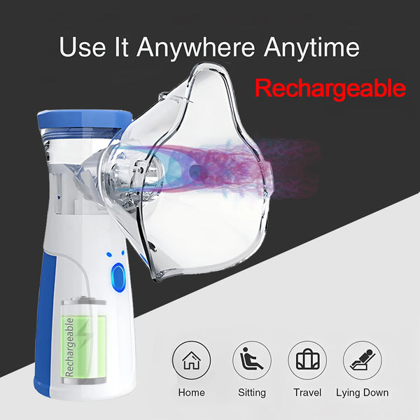 A clear, rechargeable portable nebulizer device shown next to icons indicating use in home, sitting, travel, and lying down.