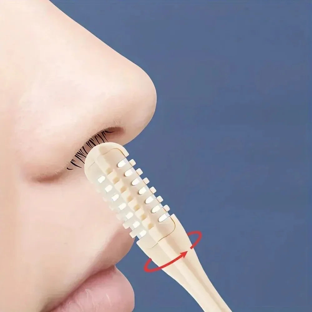 A close-up of a person using a beige hair trimmer on their nose, demonstrating the product's use.