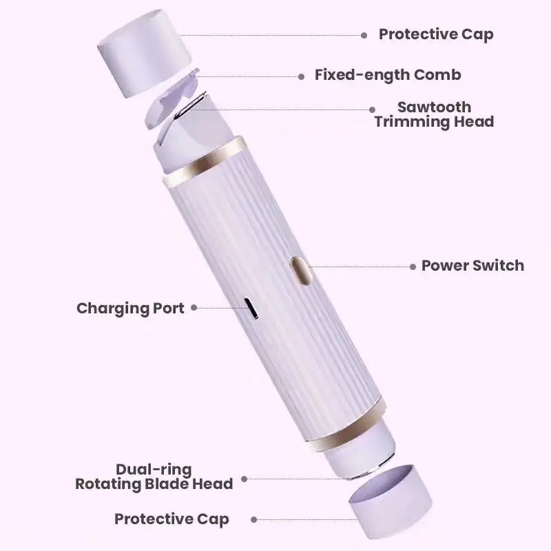 A close-up diagram showing the components of a portable dual-head electric shaver, including the protective cap, comb, trimmi