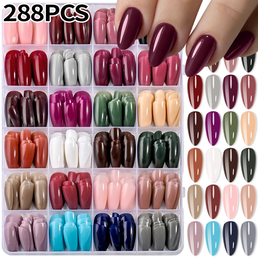 A collection of 288 glossy press-on nails in various shades and shapes displayed on a white background.