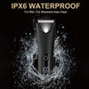 A black electric shaver is shown being used to clean or dry a shavend, demonstrating IPX6 waterproof protection.