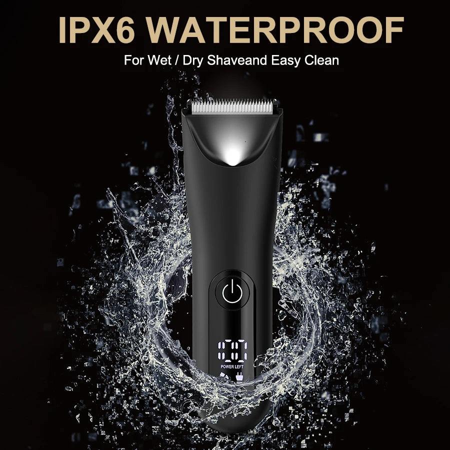 A black electric shaver is shown being used to clean or dry a shavend, demonstrating IPX6 waterproof protection.