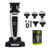 A white and black cordless electric hair clipper named BRDCLIP is shown with various attachments and packaging.