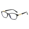 A pair of black progressive multifocal reading glasses with gold accents.